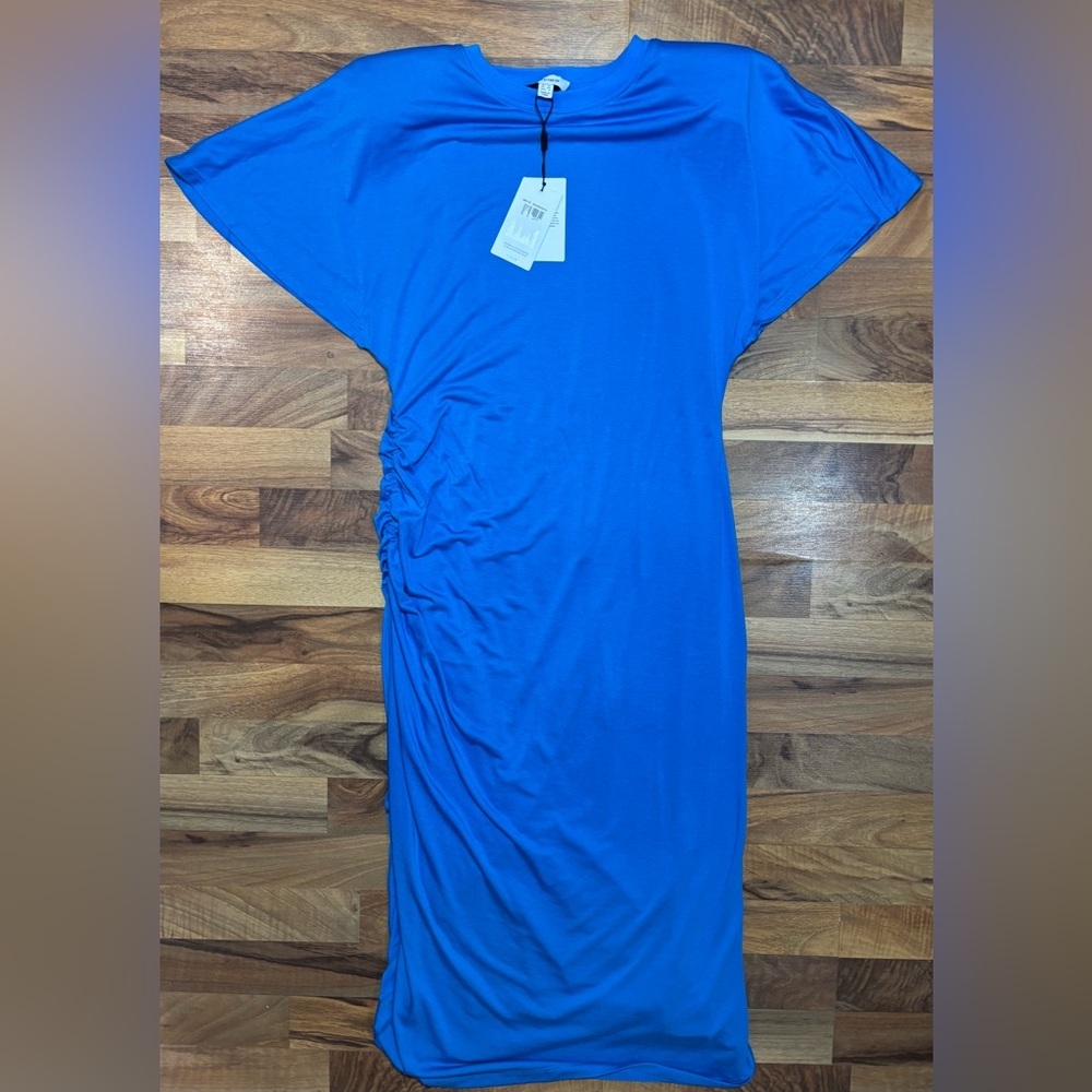 Reiss Side Ruched Midi Dress Blue Size 8 NWT Elegant Stretch Modal Blend